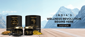 Wellness products with Shilajit on a wooden surface with mountain background